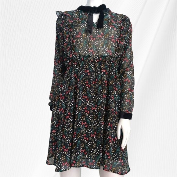 Zara Sheer Floral Mini Dress L Romantic Velvet Trim Goth Cottagecore Tie Neck - Picture 3 of 16